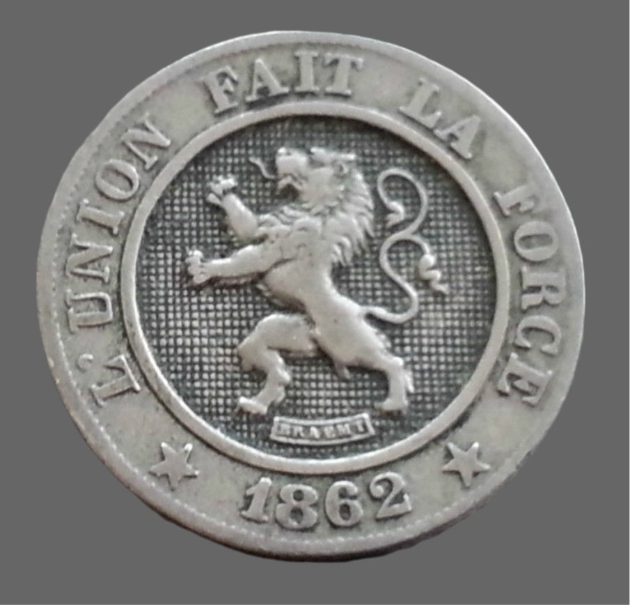 Moneda antigua de 1862 10 céntimos Léopold I de Bélgica león L'union fait la force