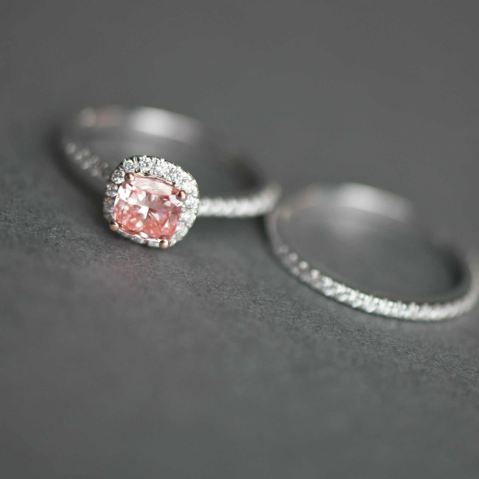 14ct White Gold 1.00ct Pink Cushion & 0.50ct White Round Lab-Grown Diamond Rings set