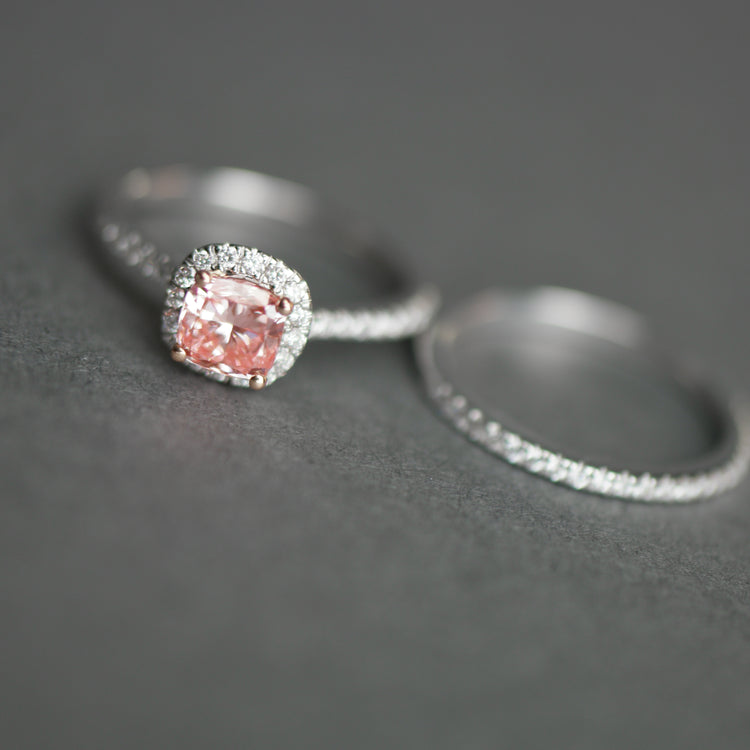 14ct White Gold 1.00ct Pink Cushion & 0.50ct White Round Lab-Grown Diamond Rings set