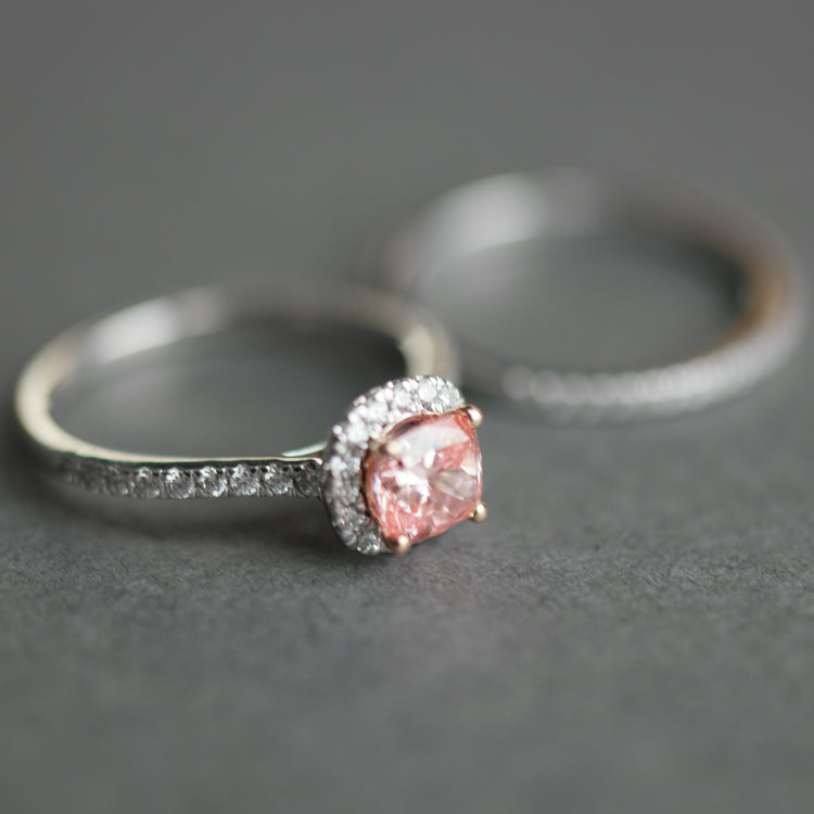 14ct White Gold 1.00ct Pink Cushion & 0.50ct White Round Lab-Grown Diamond Rings set