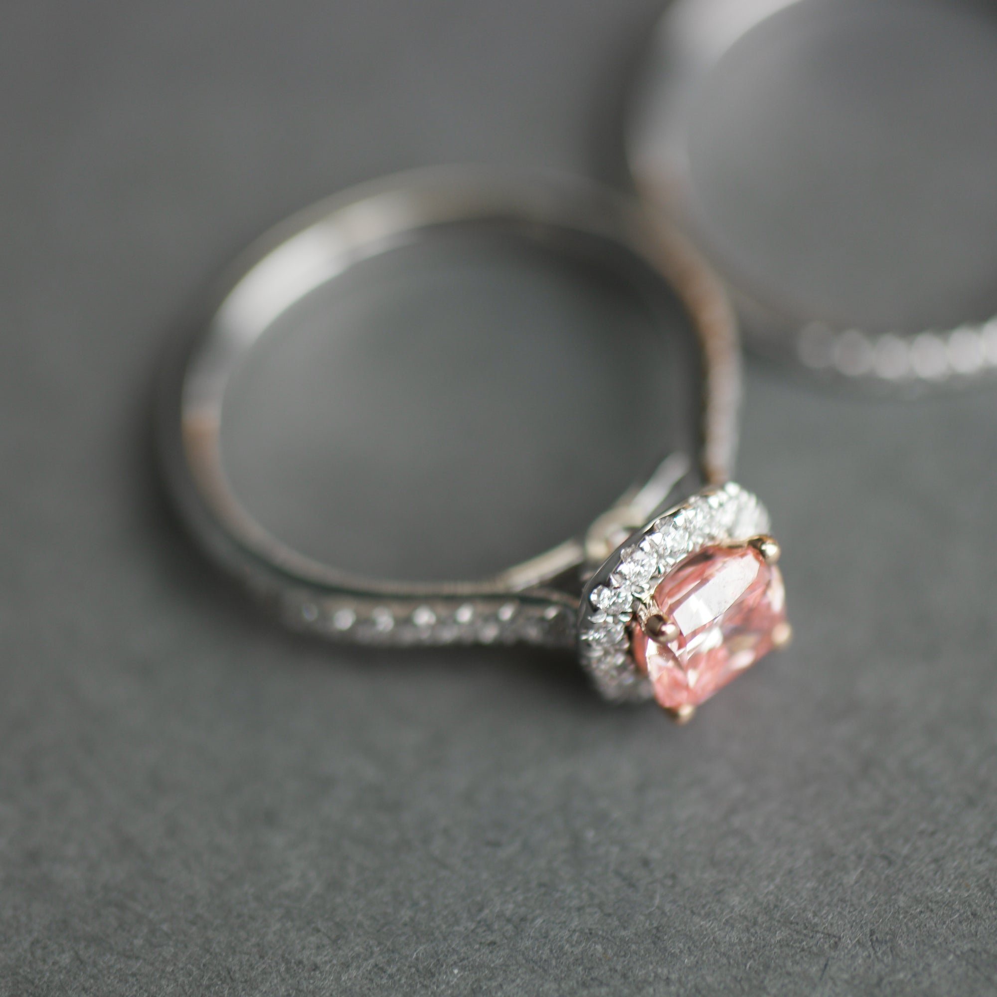 14ct White Gold 1.00ct Pink Cushion & 0.50ct White Round Lab-Grown Diamond Rings set