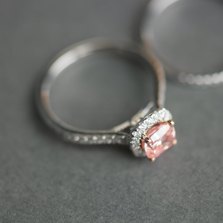 14ct White Gold 1.00ct Pink Cushion & 0.50ct White Round Lab-Grown Diamond Rings set