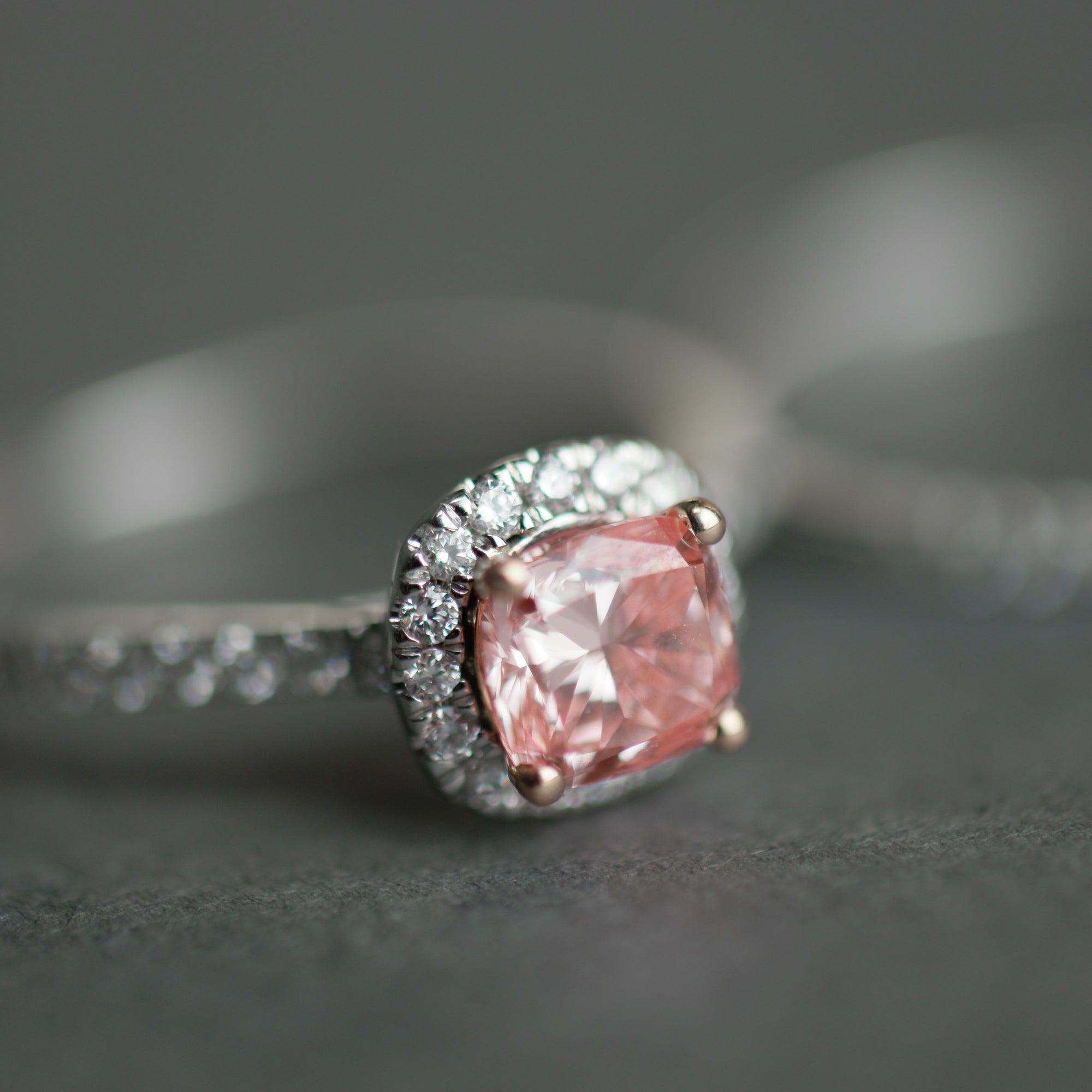 14ct White Gold 1.00ct Pink Cushion & 0.50ct White Round Lab-Grown Diamond Rings set