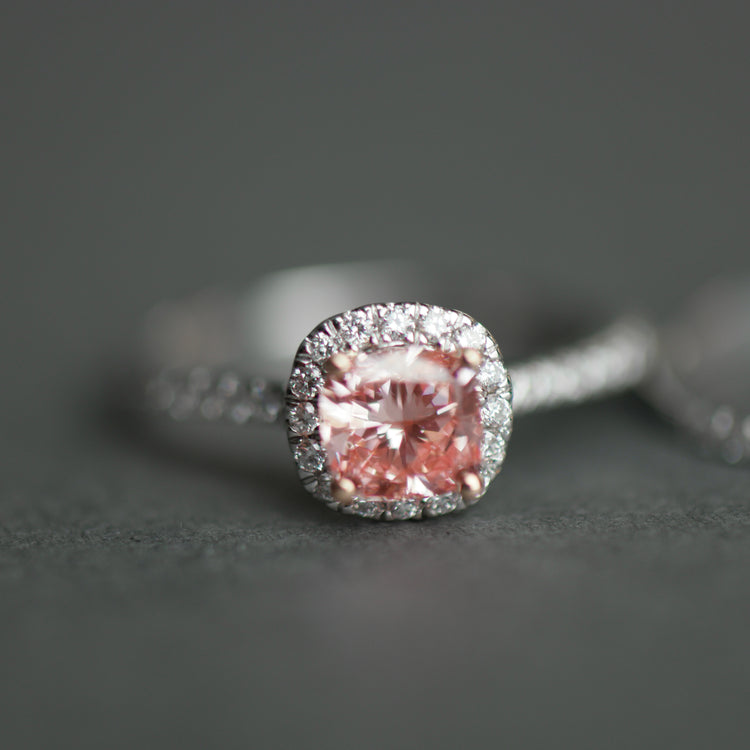 14ct White Gold 1.00ct Pink Cushion & 0.50ct White Round Lab-Grown Diamond Rings set