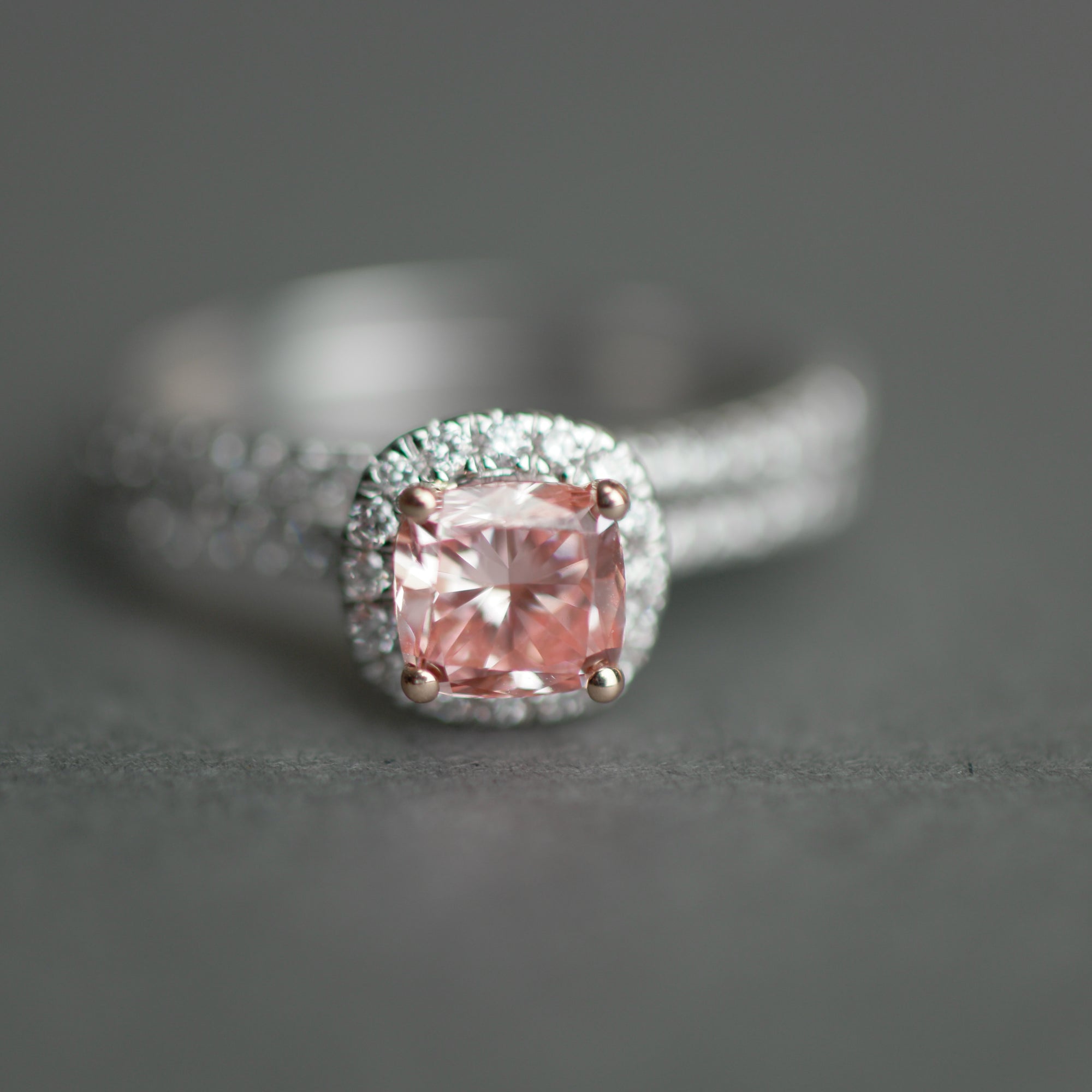 14ct White Gold 1.00ct Pink Cushion & 0.50ct White Round Lab-Grown Diamond Rings set
