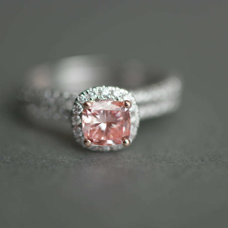 14ct White Gold 1.00ct Pink Cushion & 0.50ct White Round Lab-Grown Diamond Rings set