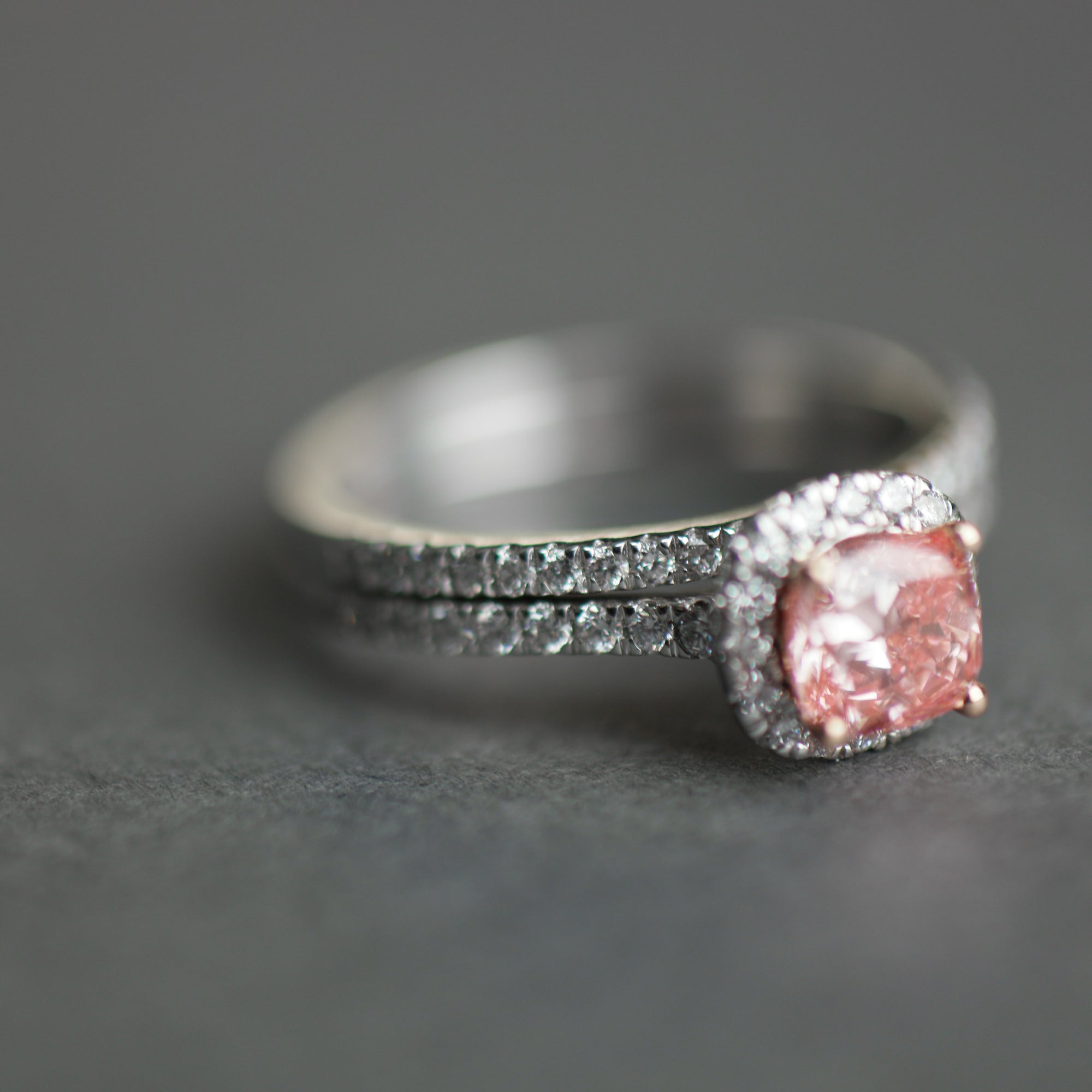 14ct White Gold 1.00ct Pink Cushion & 0.50ct White Round Lab-Grown Diamond Rings set