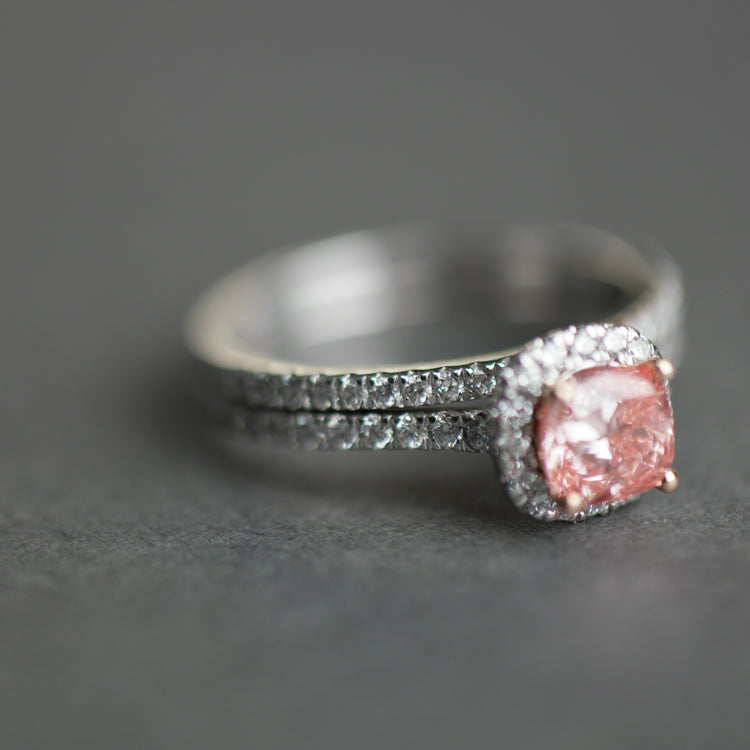 14ct White Gold 1.00ct Pink Cushion & 0.50ct White Round Lab-Grown Diamond Rings set