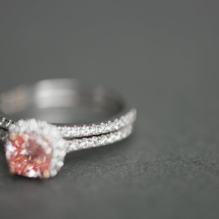 14ct White Gold 1.00ct Pink Cushion & 0.50ct White Round Lab-Grown Diamond Rings set