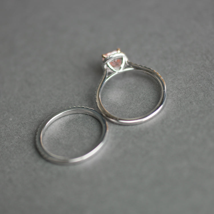 14ct White Gold 1.00ct Pink Cushion & 0.50ct White Round Lab-Grown Diamond Rings set