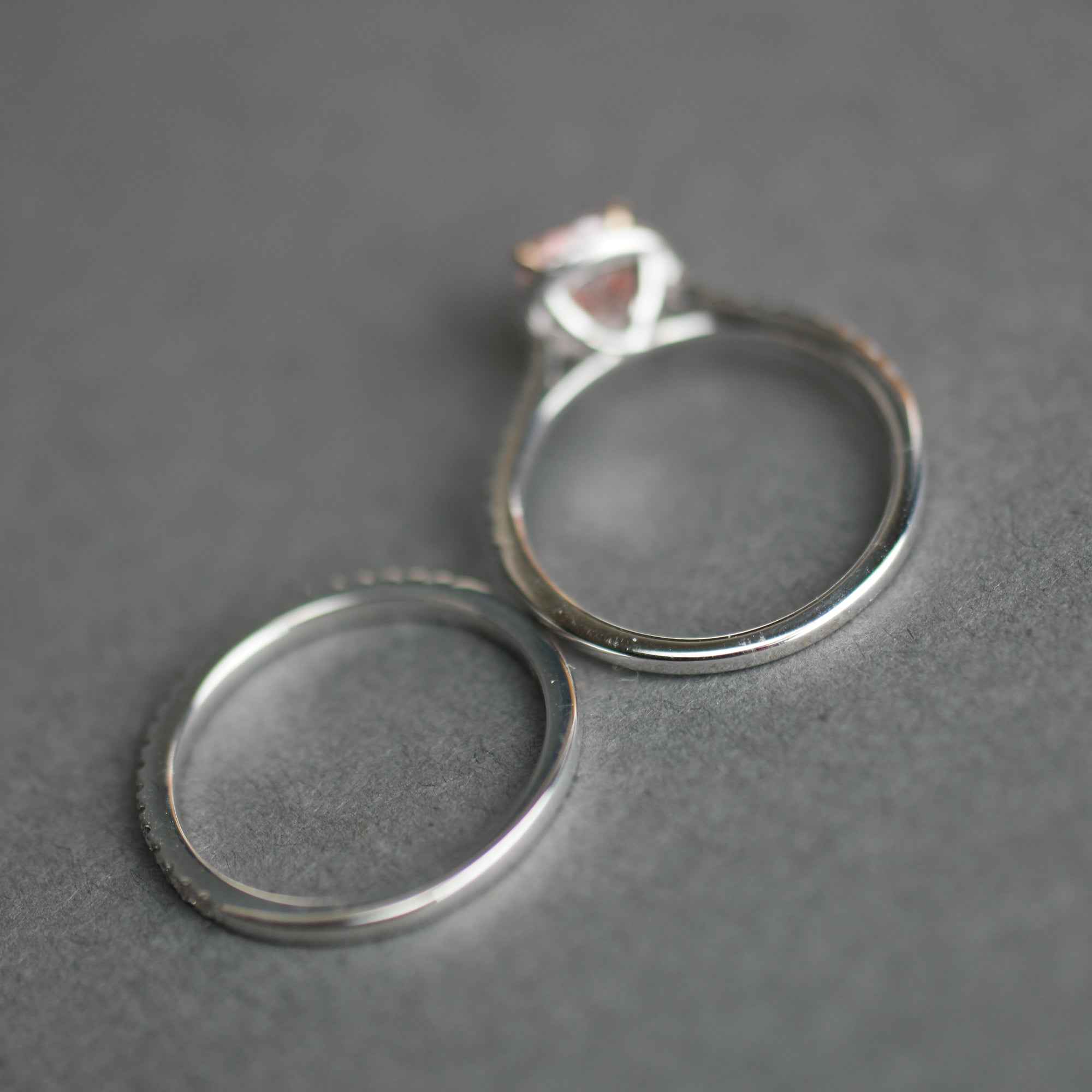 14ct White Gold 1.00ct Pink Cushion & 0.50ct White Round Lab-Grown Diamond Rings set