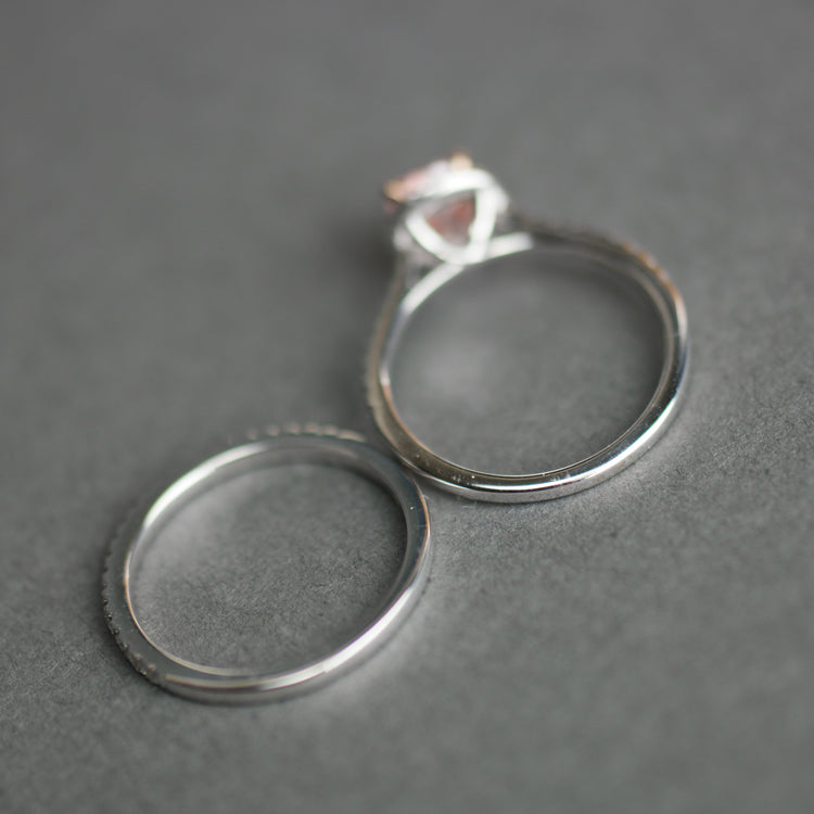 14ct White Gold 1.00ct Pink Cushion & 0.50ct White Round Lab-Grown Diamond Rings set
