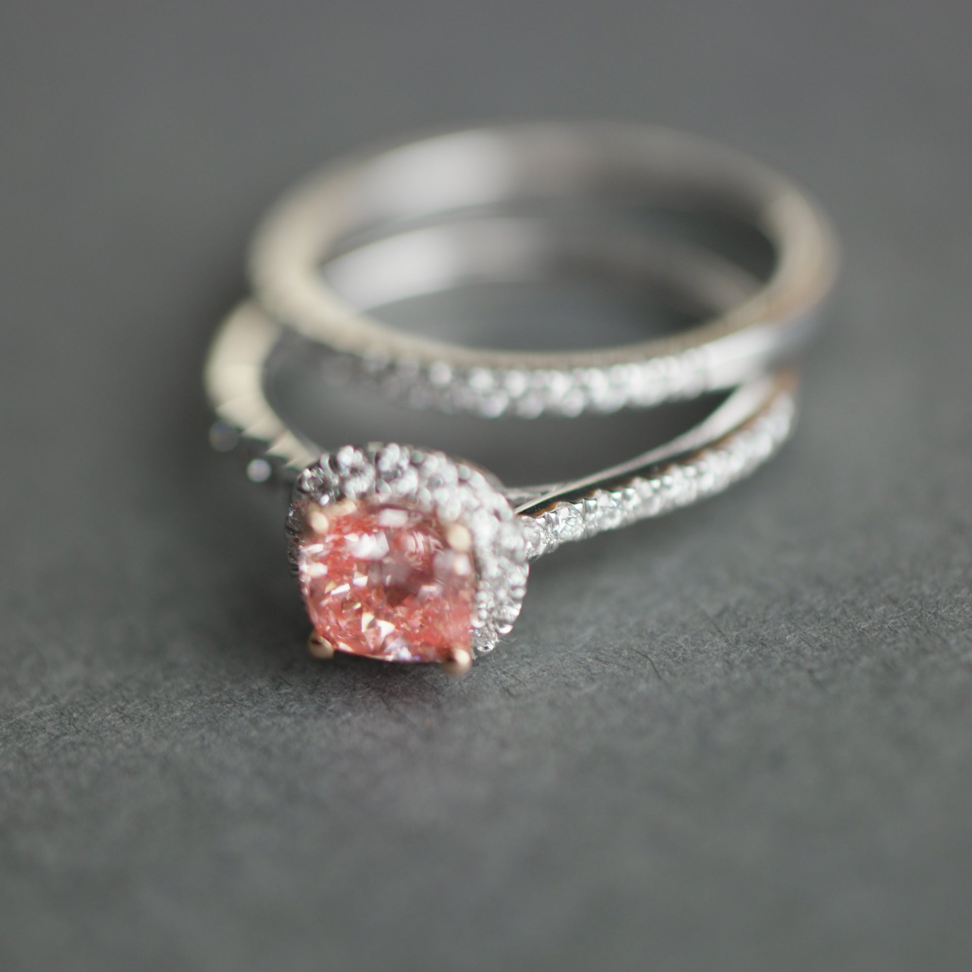 14ct White Gold 1.00ct Pink Cushion & 0.50ct White Round Lab-Grown Diamond Rings set
