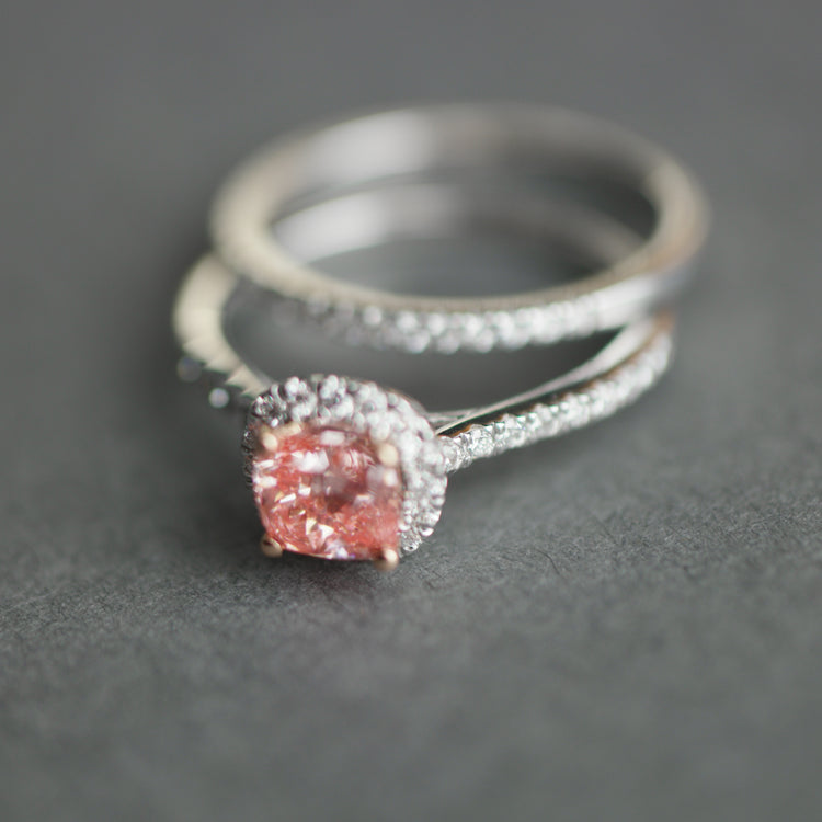 14ct White Gold 1.00ct Pink Cushion & 0.50ct White Round Lab-Grown Diamond Rings set