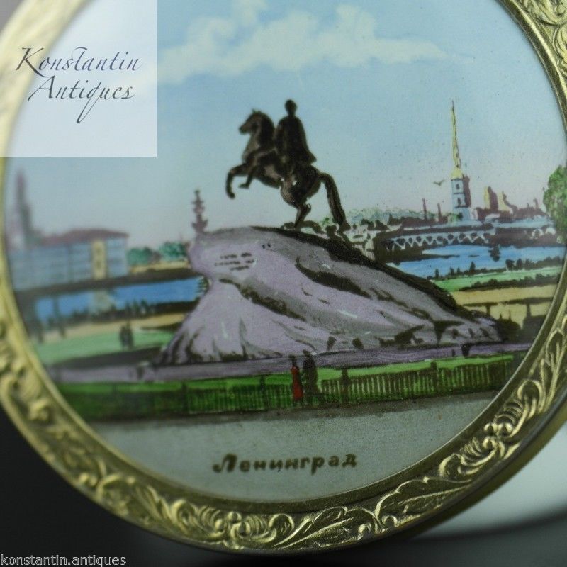 Vintage 1964 solid silver gold plated powder compact enamel porcelain 875 Russia