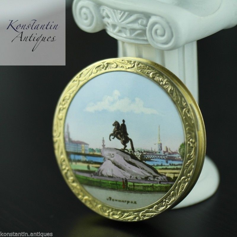 Vintage 1964 solid silver gold plated powder compact enamel porcelain 875 Russia