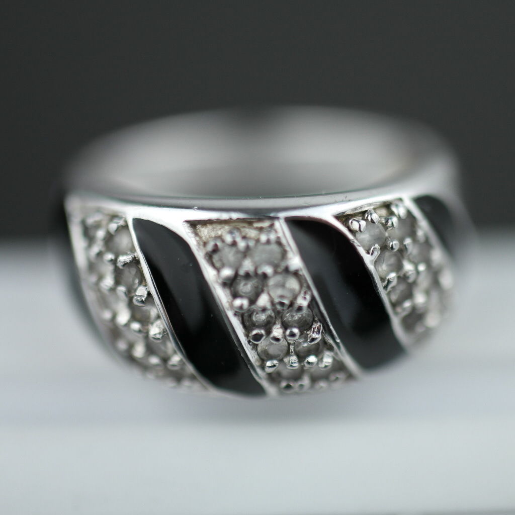 Modern sterling silver ring black enamel with CZ stones Scandinavian style 925