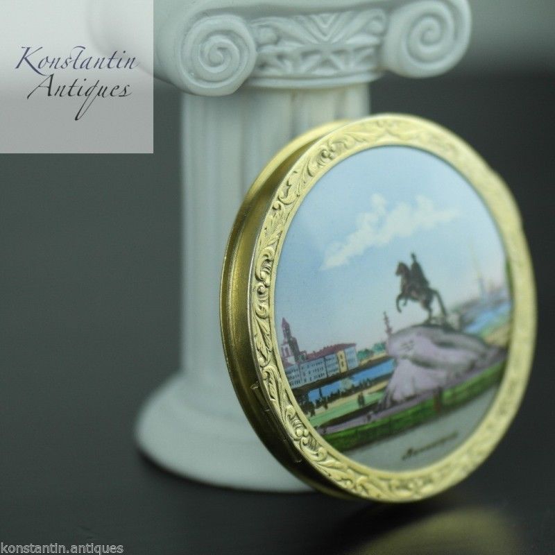 Vintage 1964 solid silver gold plated powder compact enamel porcelain 875 Russia