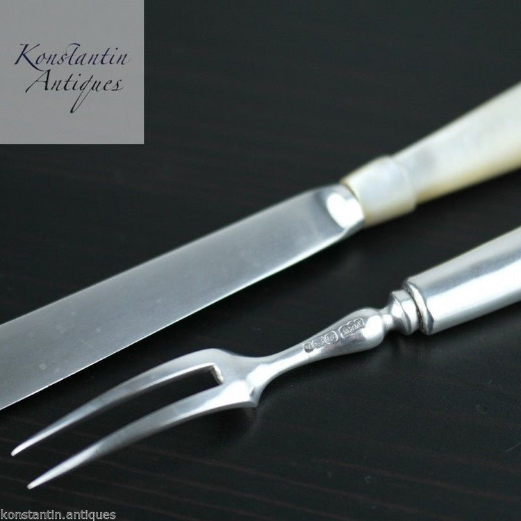Antique 1900 sterling silver set of fork and knife Nacre MOP handles