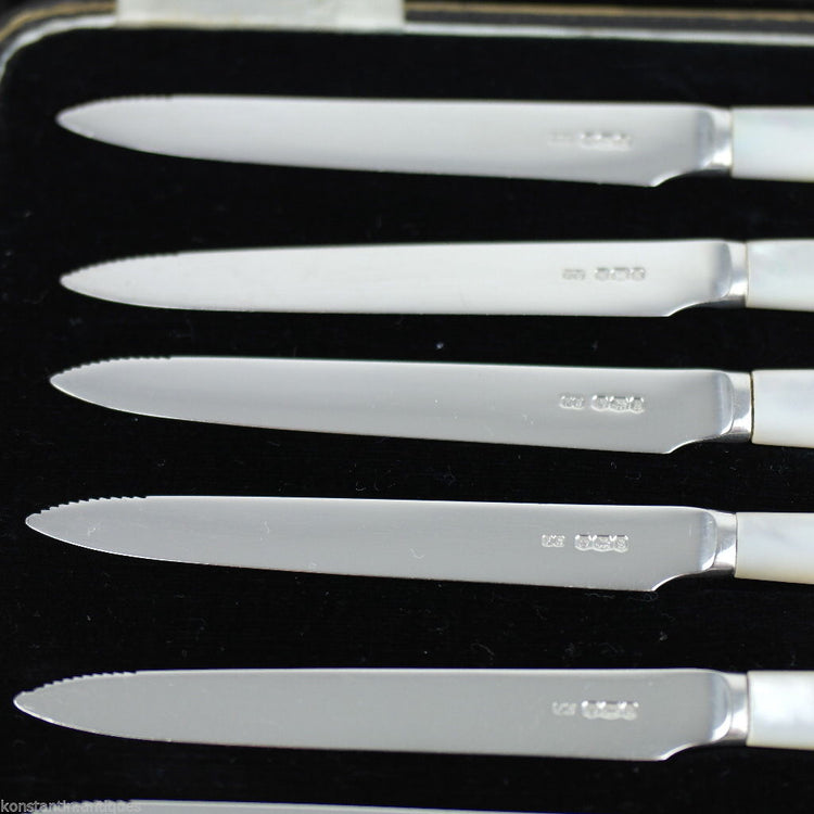 Antique 1935 solid silver set of six knives with Nacre handles