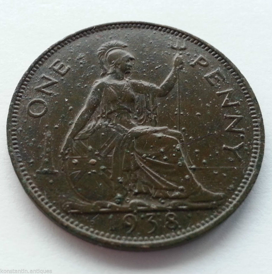 Vintage 1938 coin 1 penny George Vl of British Empire 20thC London