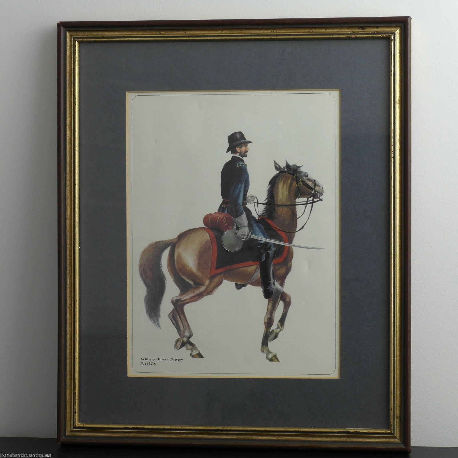 Vintage Americas USA solder & horse print framed Artillery officer Battery 1861