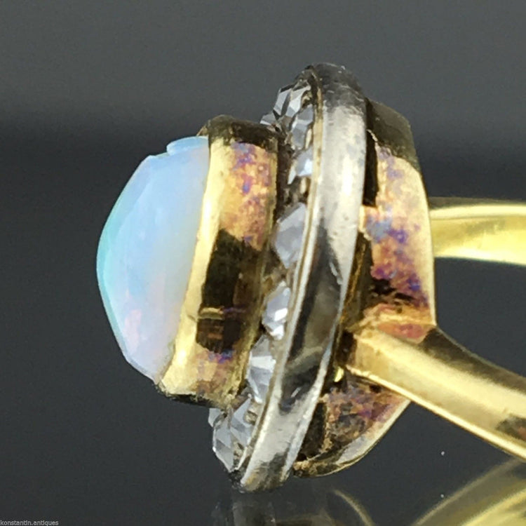 Antique 18ct gold ring with genuine opal and old cut diamonds