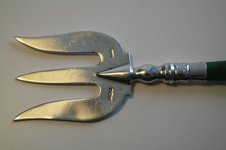 Antique 1924 solid silver nephrite stone handle fork British jade