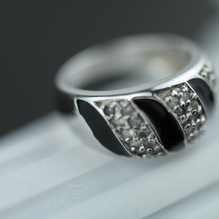 Modern sterling silver ring black enamel with CZ stones Scandinavian style 925