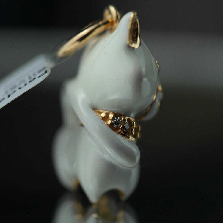 Gold Plated Sterling silver pendant white Enamel Cat with encrusted collar band
