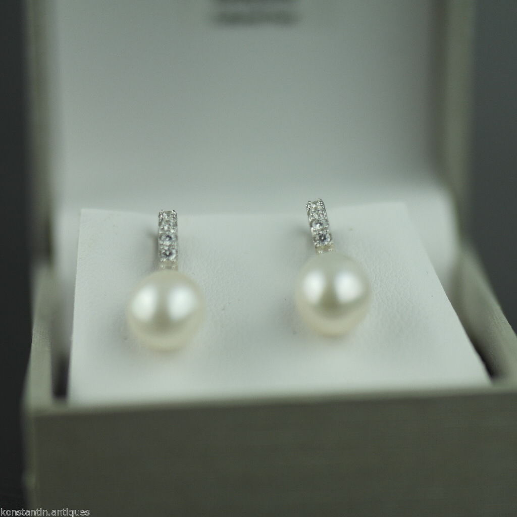 Elegantes pendientes de perlas cultivadas de plata esterlina CZ Lucoral 925 en caja