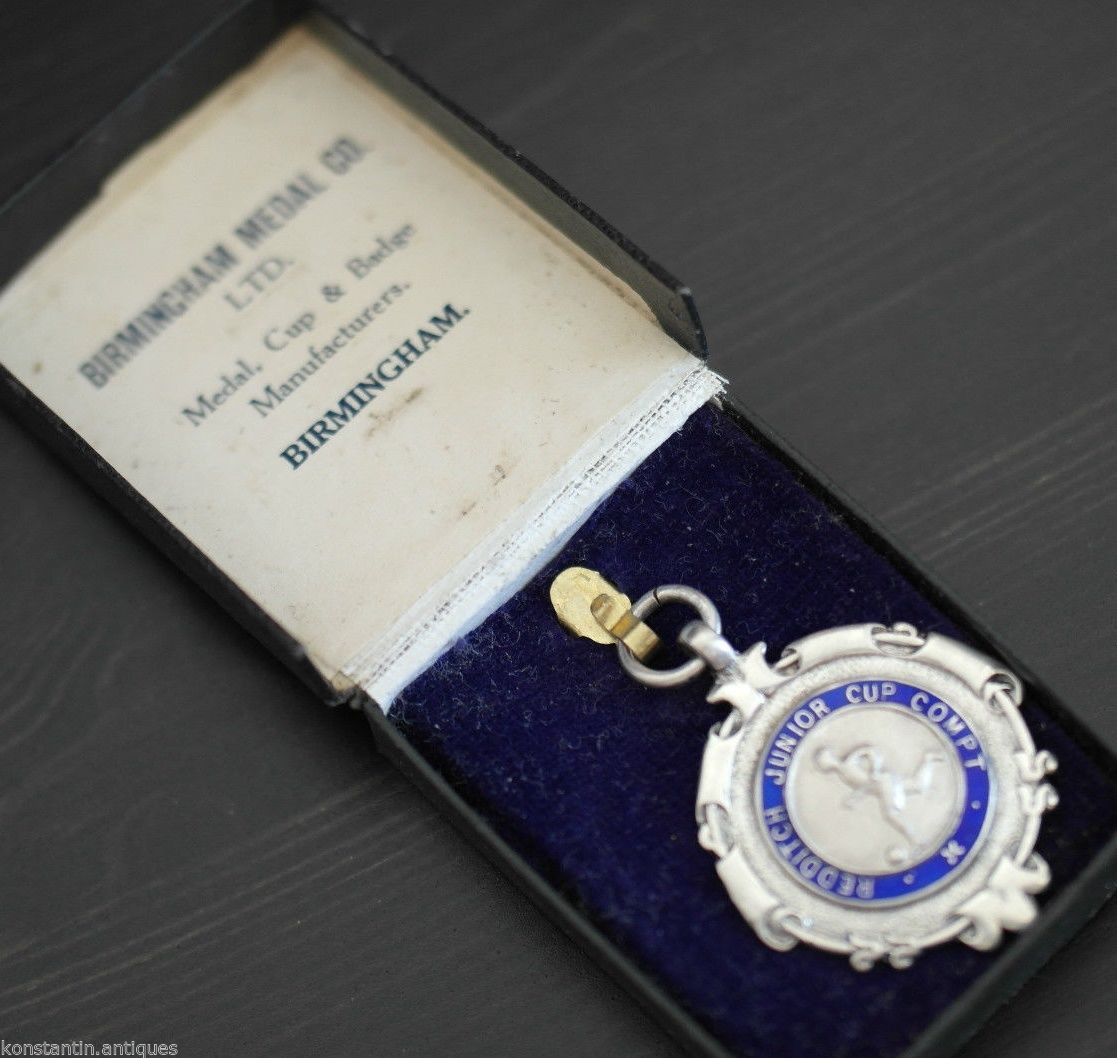 Vintage 1934 medalla de esmalte de plata de ley Redditch Junior Cup Compt en caja