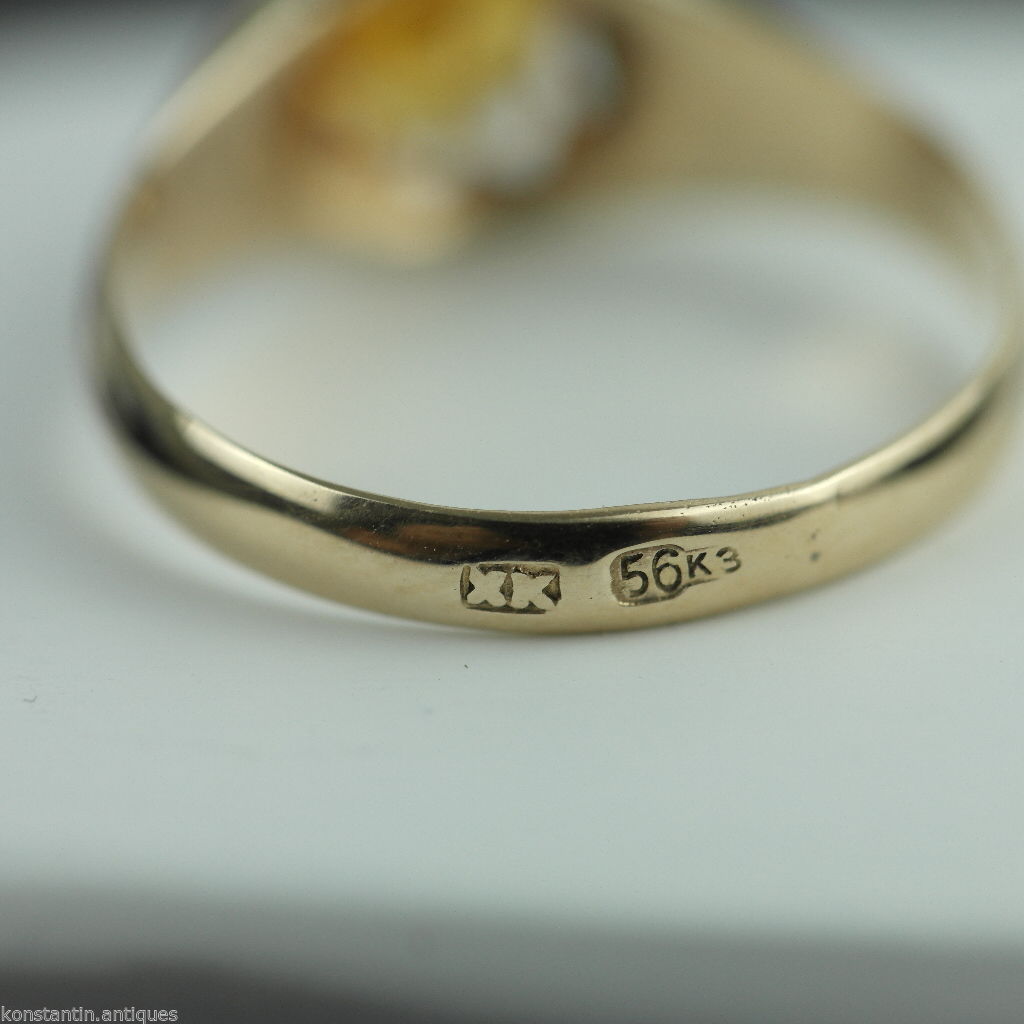 Anillo de oro antiguo de 14 quilates con topacio imperial talla brillante 56 Imperio Ruso