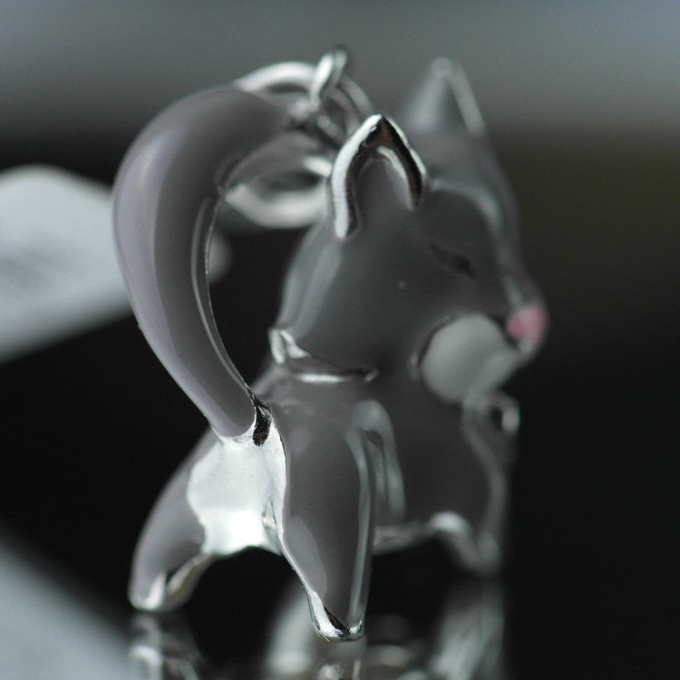 Sterling silver pendant grey Enamel Cat with incrusted collar band