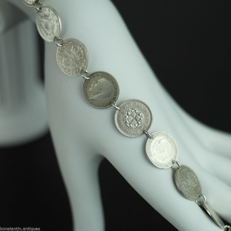 Antique 1908 - 1937 silver coins bracelet chain King George V of British Empire