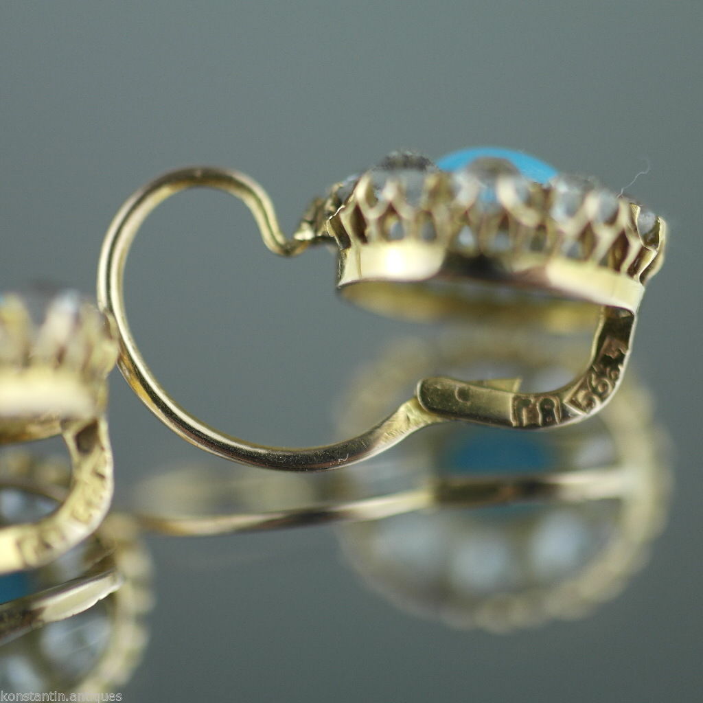 Pendientes antiguos de oro de 14 quilates / 56, grupo de turquesas y pedrería del Imperio Ruso