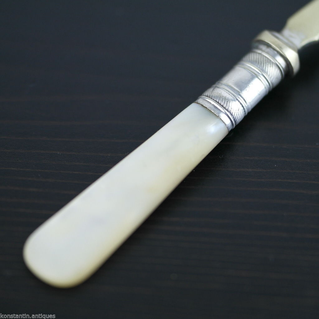 Antike Tafelgabel mit Perlmuttgriff, Sheffield-Silberplatte Diablo