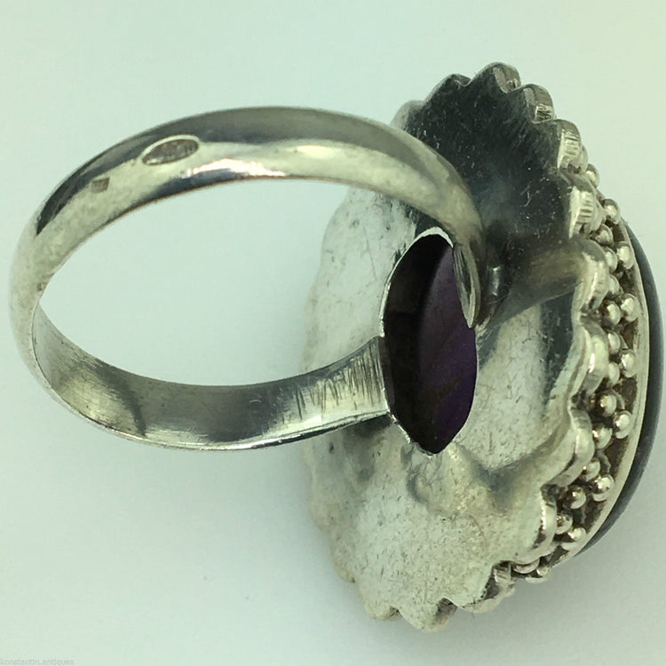 Classic solid silver ring with huge cabochon purple amethyst gemstone