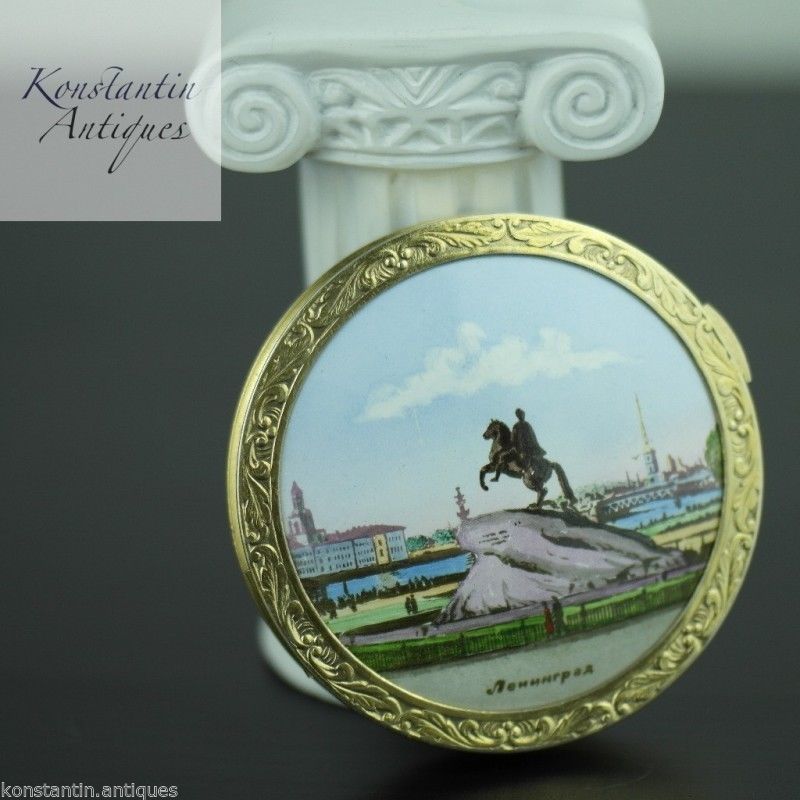 Vintage 1964 solid silver gold plated powder compact enamel porcelain 875 Russia