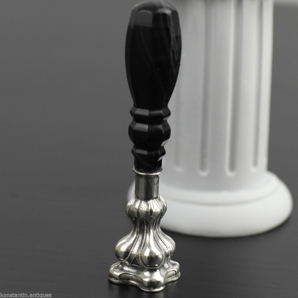 Antiguo sello de cera con mango de ágata natural de plata maciza del siglo XVIII M