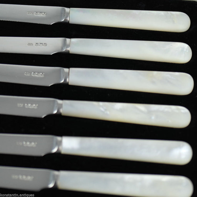 Antique 1935 solid silver set of six knives with Nacre handles