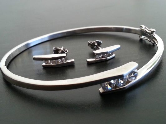 Modern Sterling silver set bangle and earrings with Cubic Zirconia stones