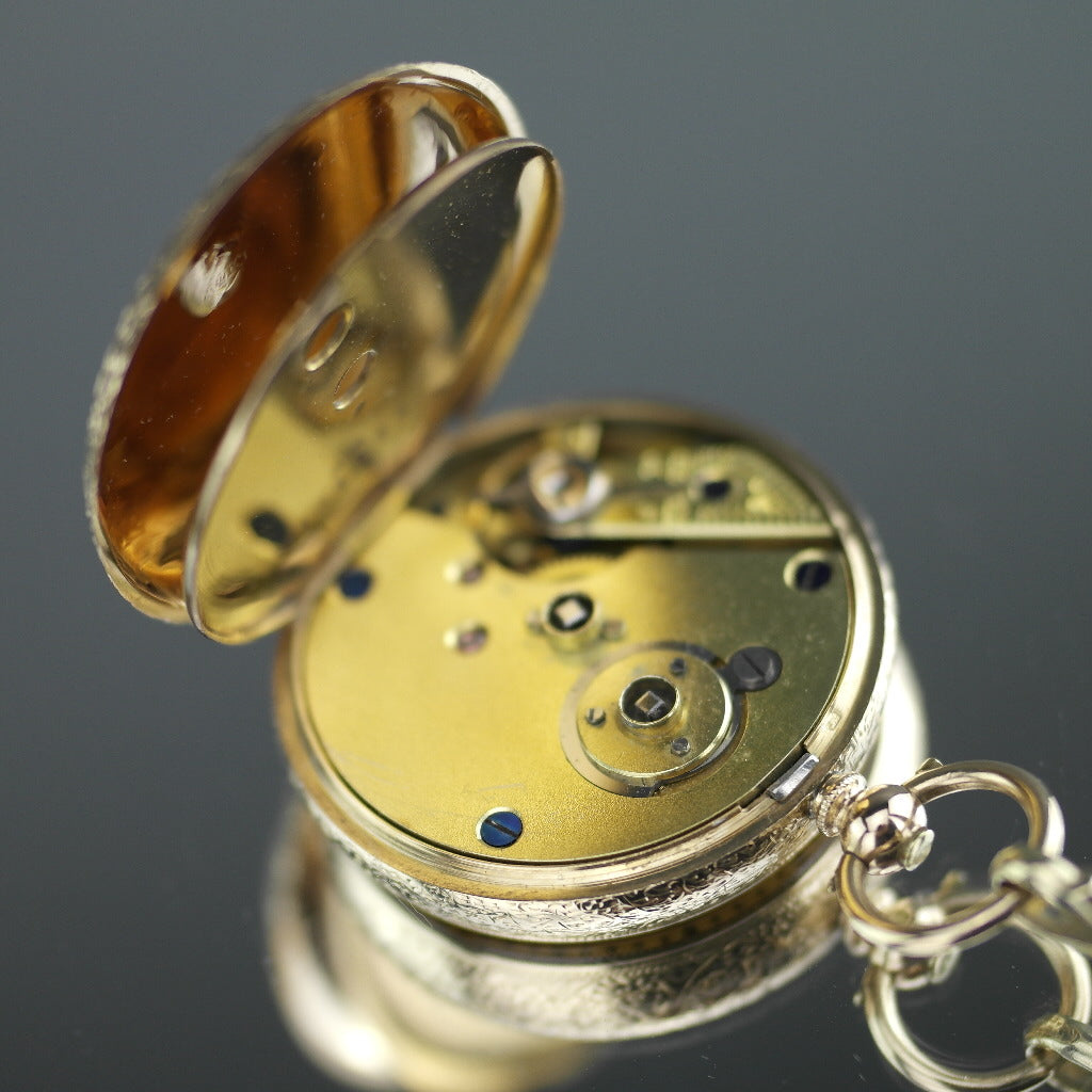 Antique 14ct gold pocket watch with chain T-bar key Roman numerals, open face