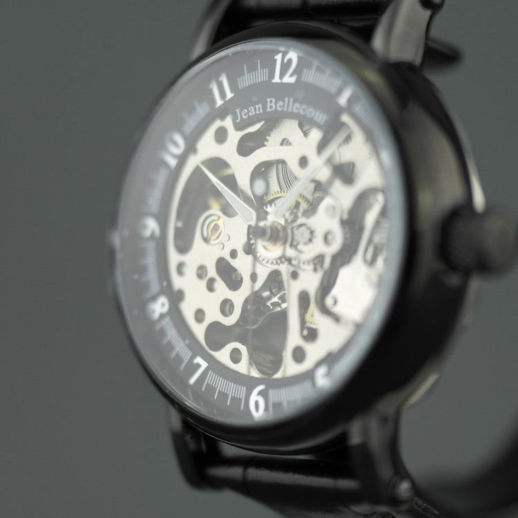 Jean Bellecour Automatic Black Skeleton Edition wrist watch leather strap
