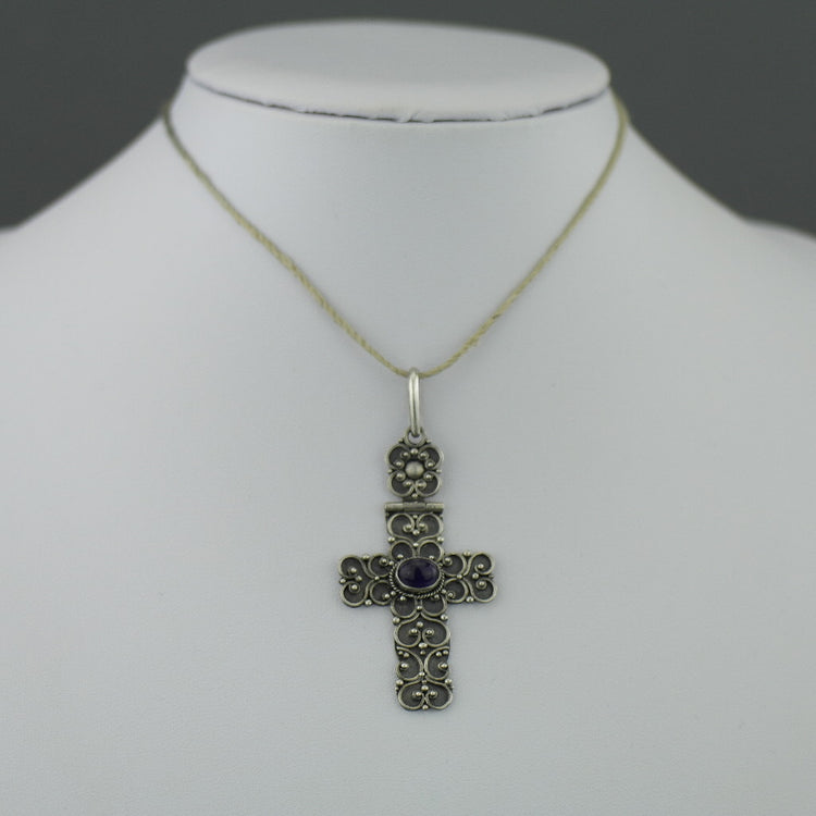 Antique sterling silver cross pendant with Amethyst cabochon