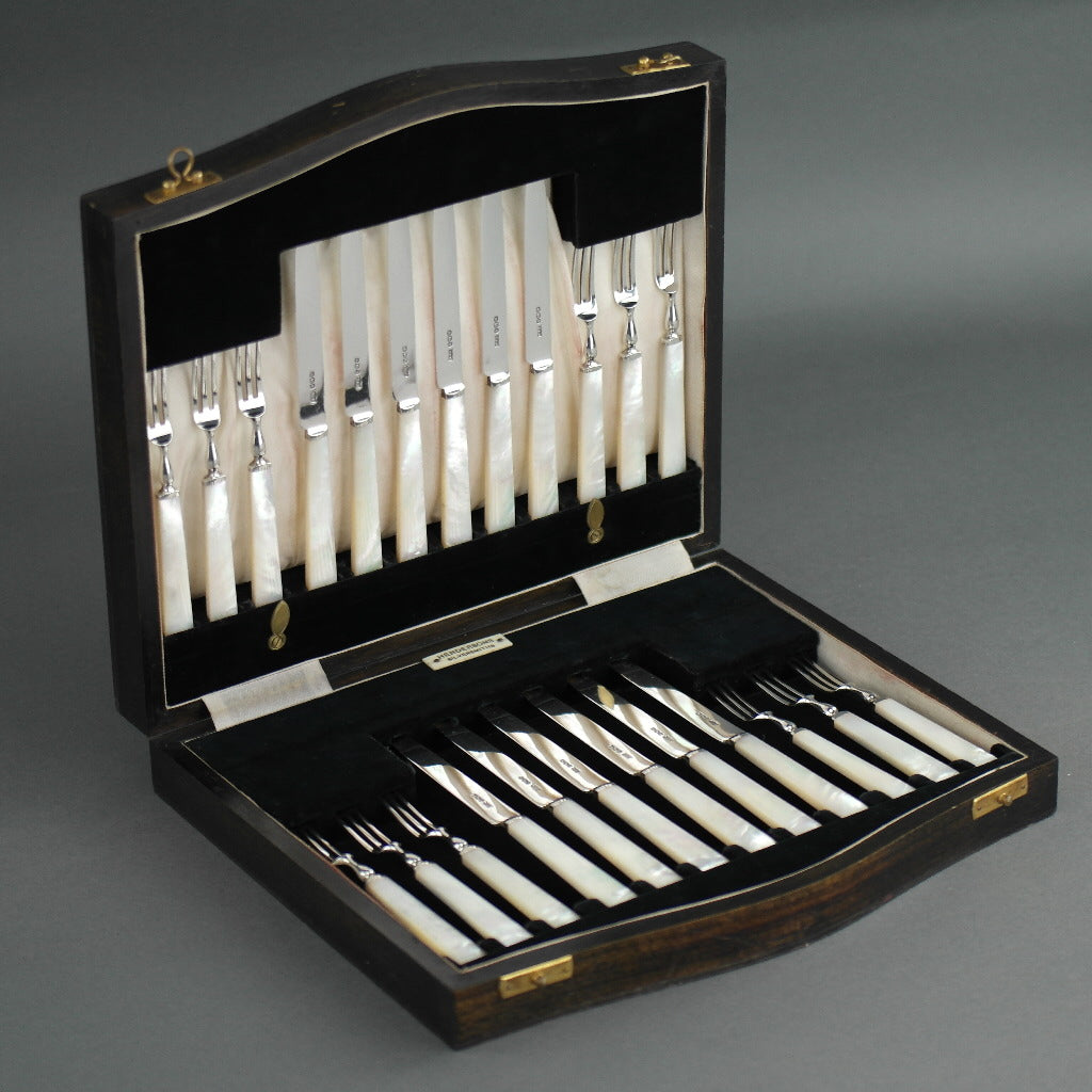 Antique 1933 Sheffield solid silver set of twelve forks and cutlery knives with Nacre / MOP handles