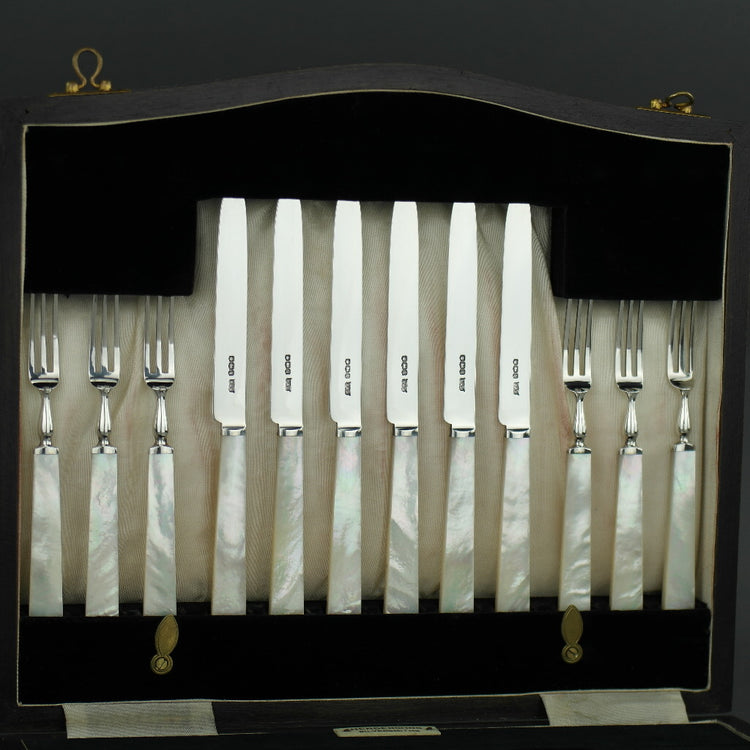 Antique 1933 Sheffield solid silver set of twelve forks and cutlery knives with Nacre / MOP handles