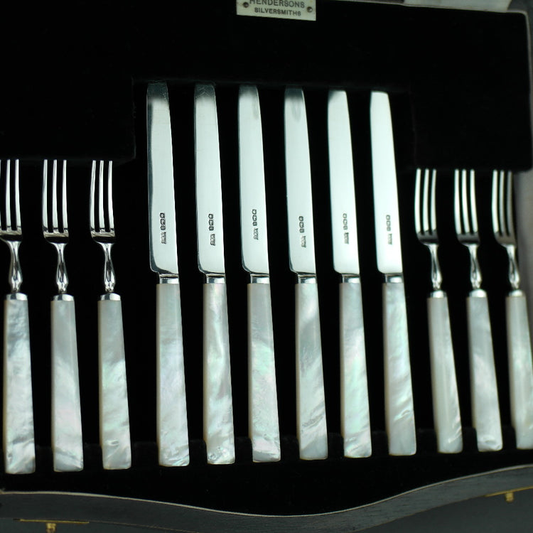Antique 1933 Sheffield solid silver set of twelve forks and cutlery knives with Nacre / MOP handles