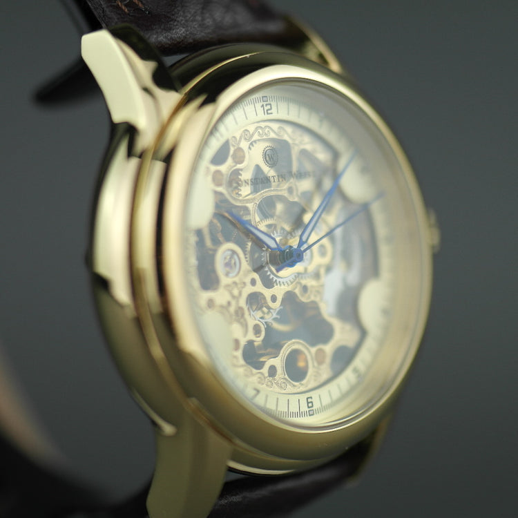 Constantin Weisz Gold plated Mechanical wrist watch skeleton dial and leather strap