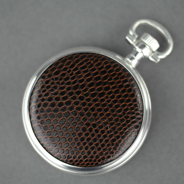 Skeleton Silver plated pocket watch with Roman numbers and snake leather